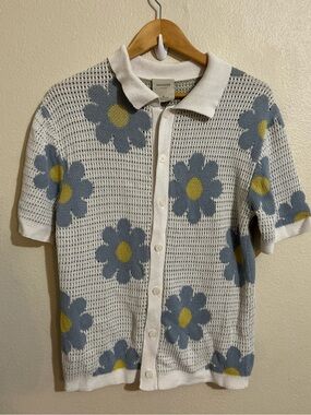 Massive Luxury floral Knit Button-Up Polo Shirt Mens Size Medium